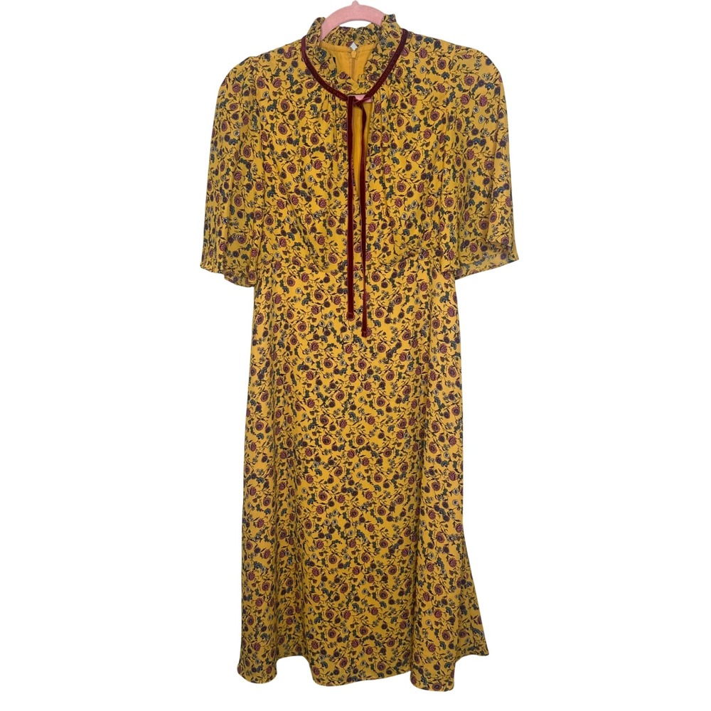 Donna Morgan Yellow Floral Midi Dress Velvet Tie Neck Ruffle Flutter Sleeve 4 - Picture 2 of 9